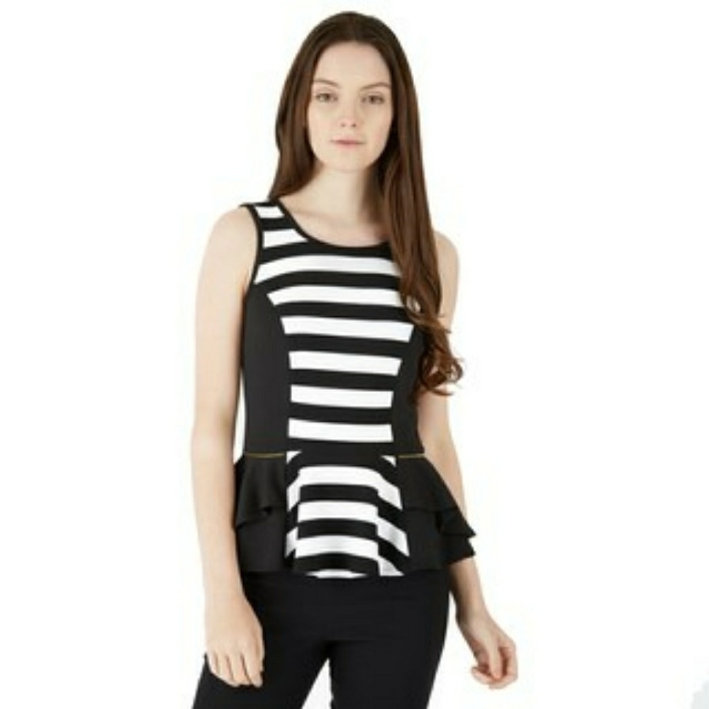 IZ BYER | BLACK STRIPED PEPLUM TOP NWT